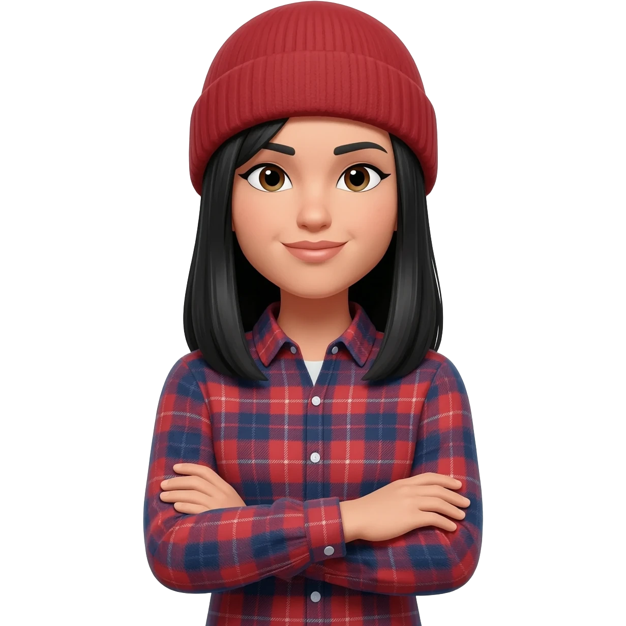 White curvy female with straight black hair wearing a beanie and standing with arms crossed wearing a plaid shirt emoji