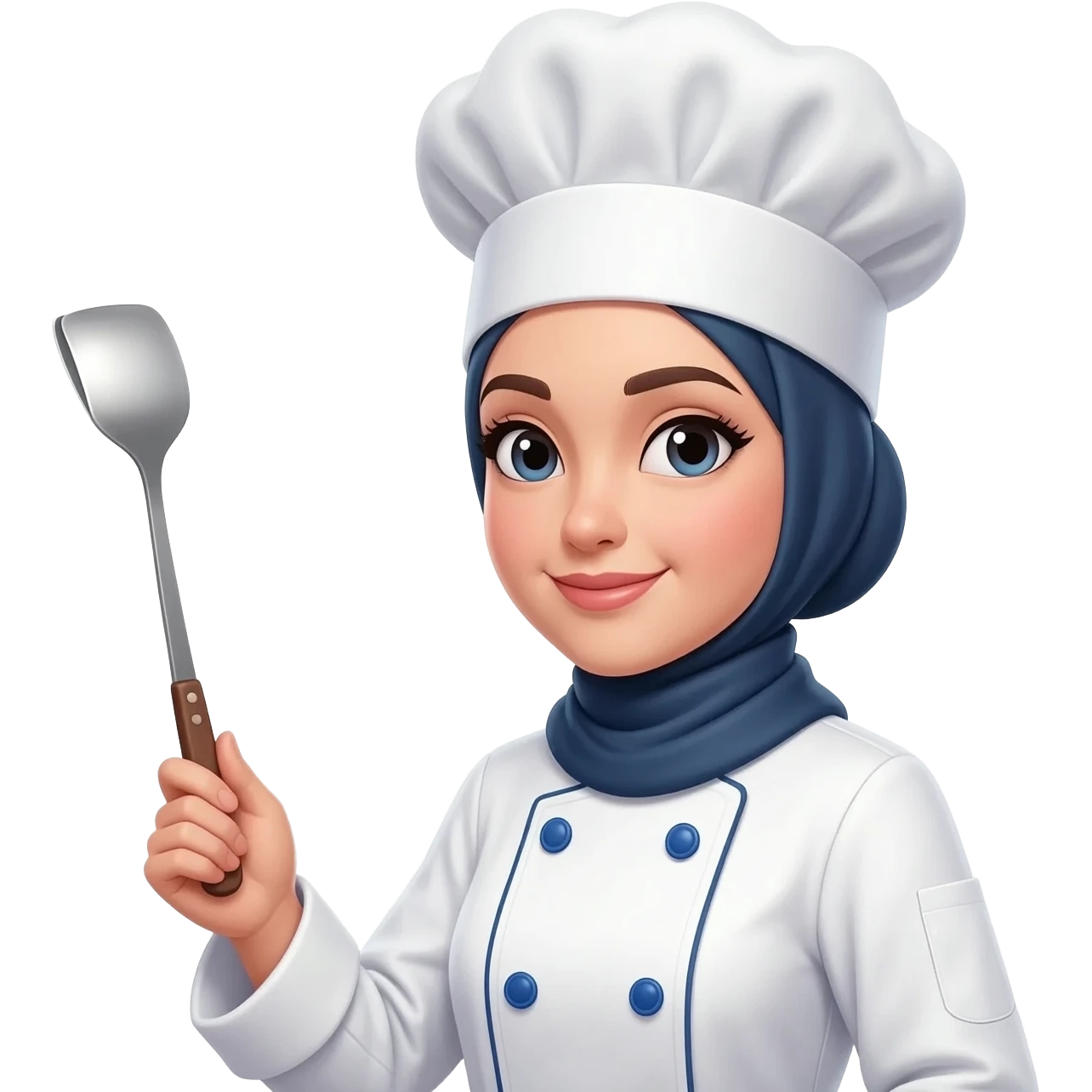 wanita koki dengan baju chef putih, kancing biru, menggunakan hijab yang menutup kepala dan leher dengan rapih, topi chef putih, ada alat masaknya 1 dengan latar belakang putih emoji