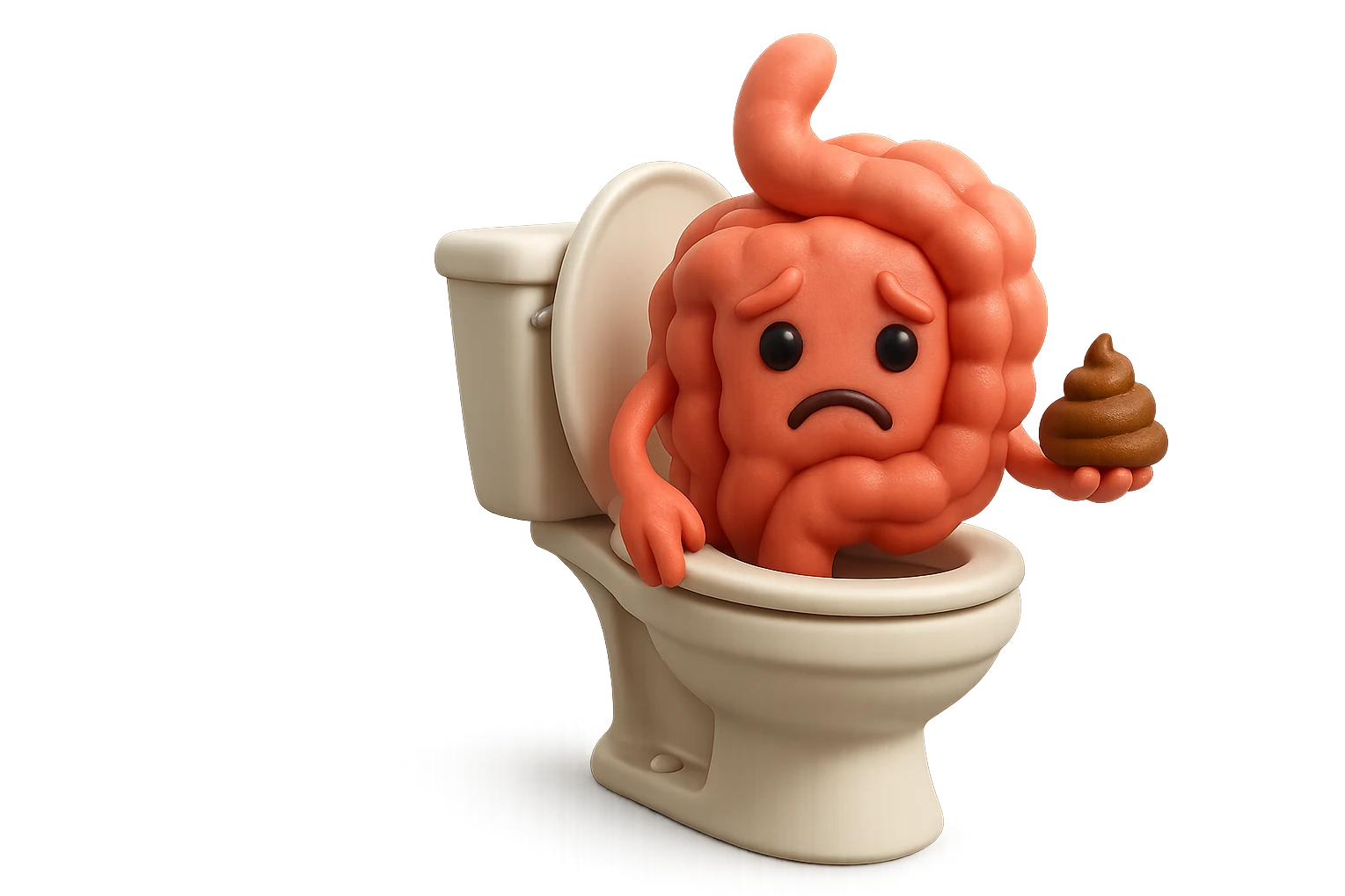 emoji stile iphone di un intestino realistico 3d che esce dal wc con in mano una montagnetta di feci con espressione triste a palline, iperrealistico 4k emoji