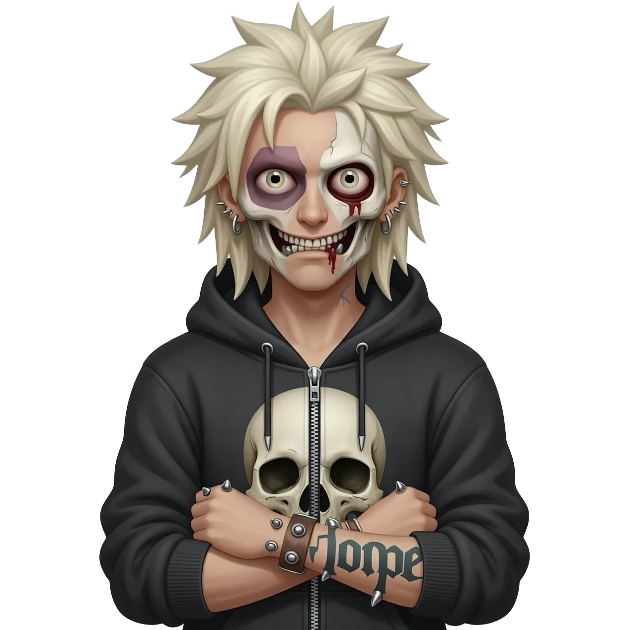 zombie spiky long platinum gold hair, hoodie zip is vignette skull wear piercings tatto "hope" emoji