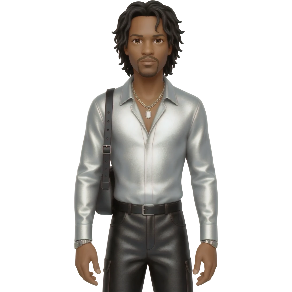 El DeBarge with light tan skin, black long hair, white metallic shirt, black metallic baggy pants, silver necklace emoji