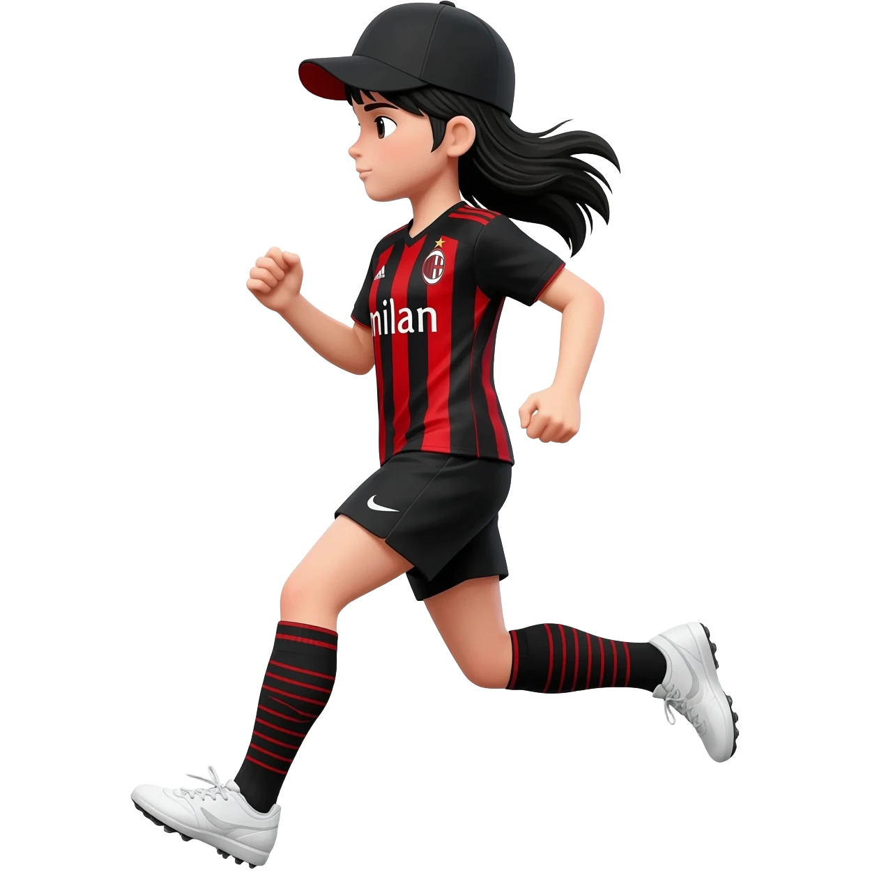 Ragazza capelli neri maglia milan e cappellino che corre emoji