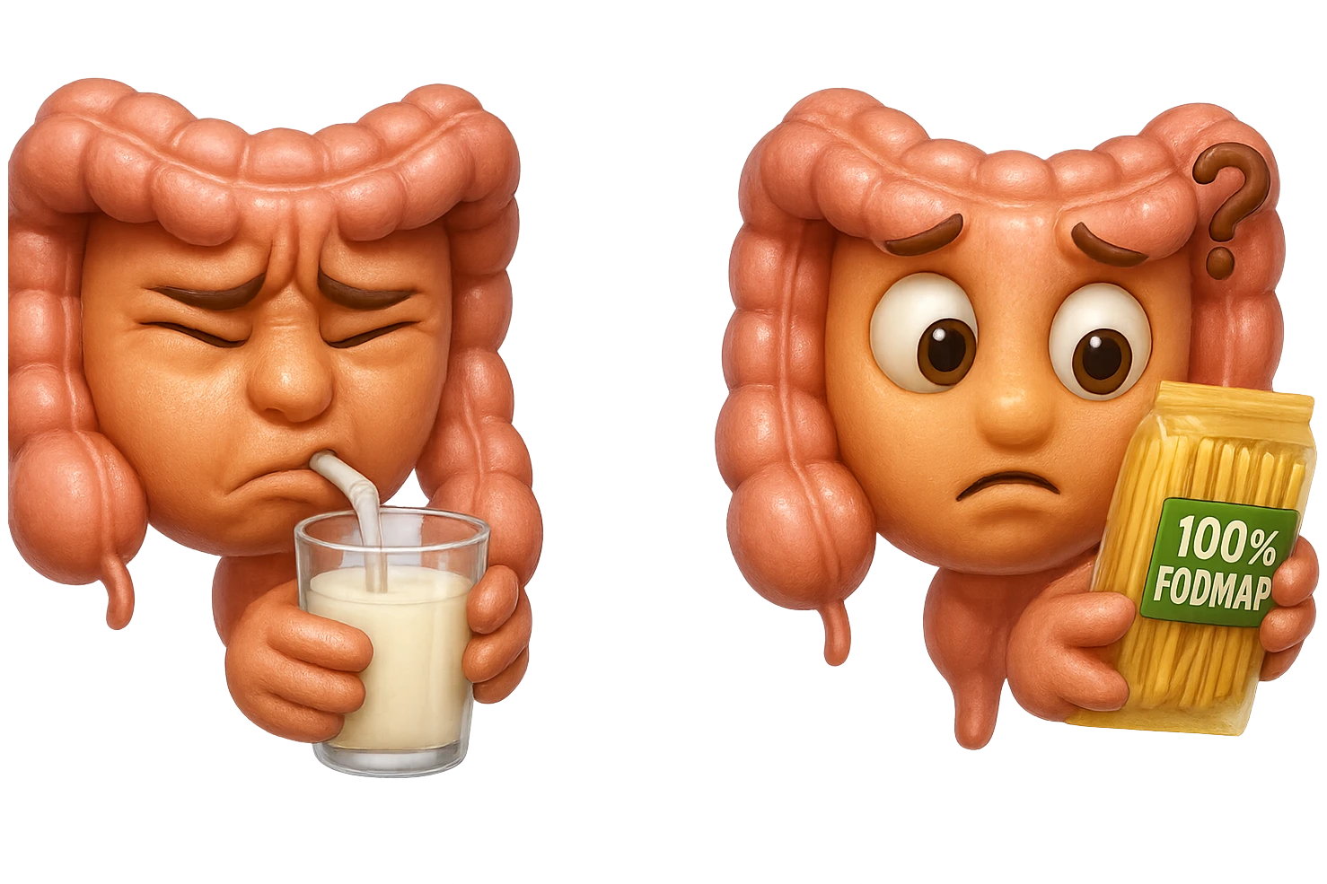 emoji stile iphone di un intestino che beve latte e ha un espressione di dolore e un intestino che guarda un pacco di pasta con la scritta "100% FODMAP" SULL'ETICHETTA CON ESPRESSIONE CONFUSA, iperrealistico 4k, isolato su sfondo bianco emoji
