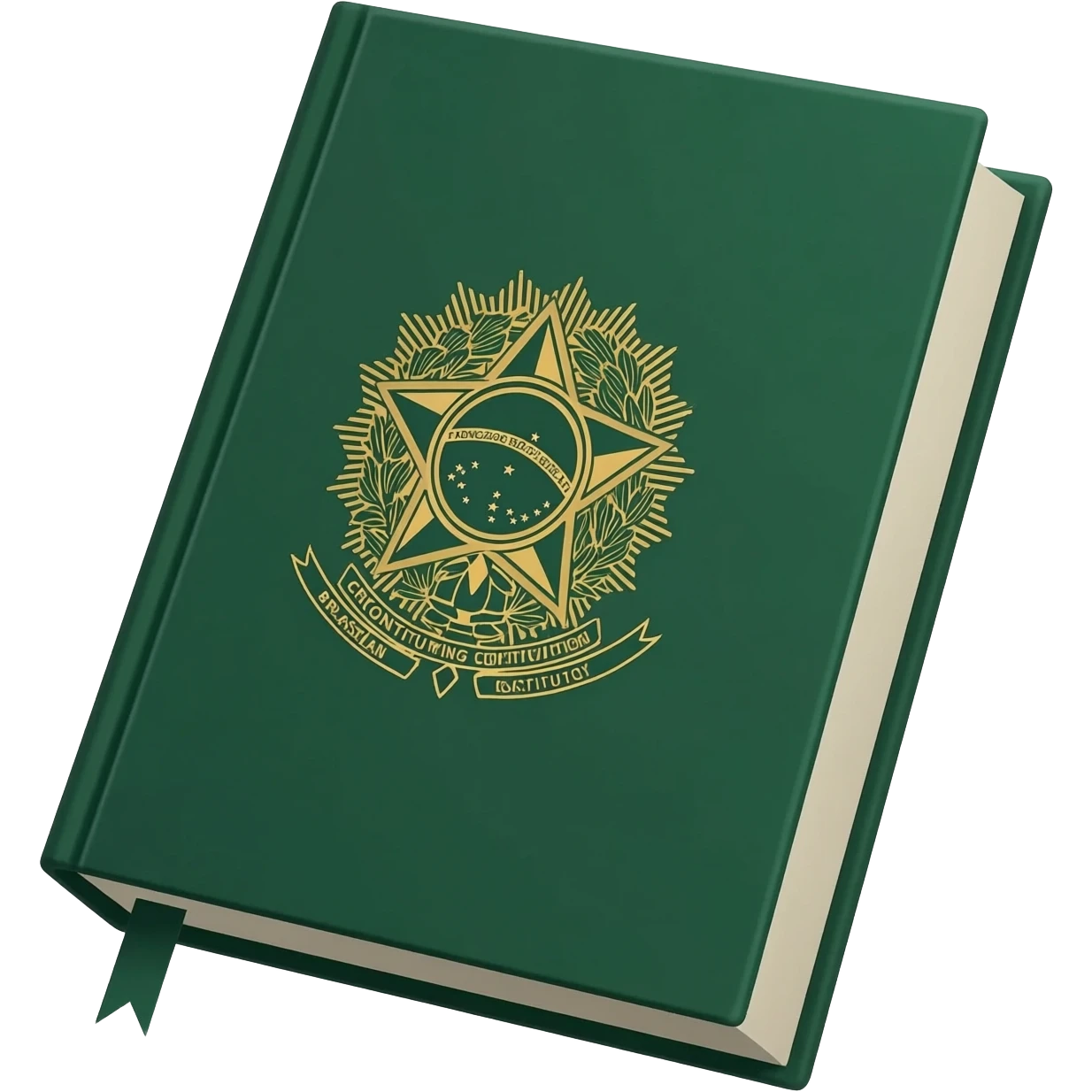 Emoji-style book of the Brazilian Constitution, dark green cover, gold Brazilian coat of arms centered emoji