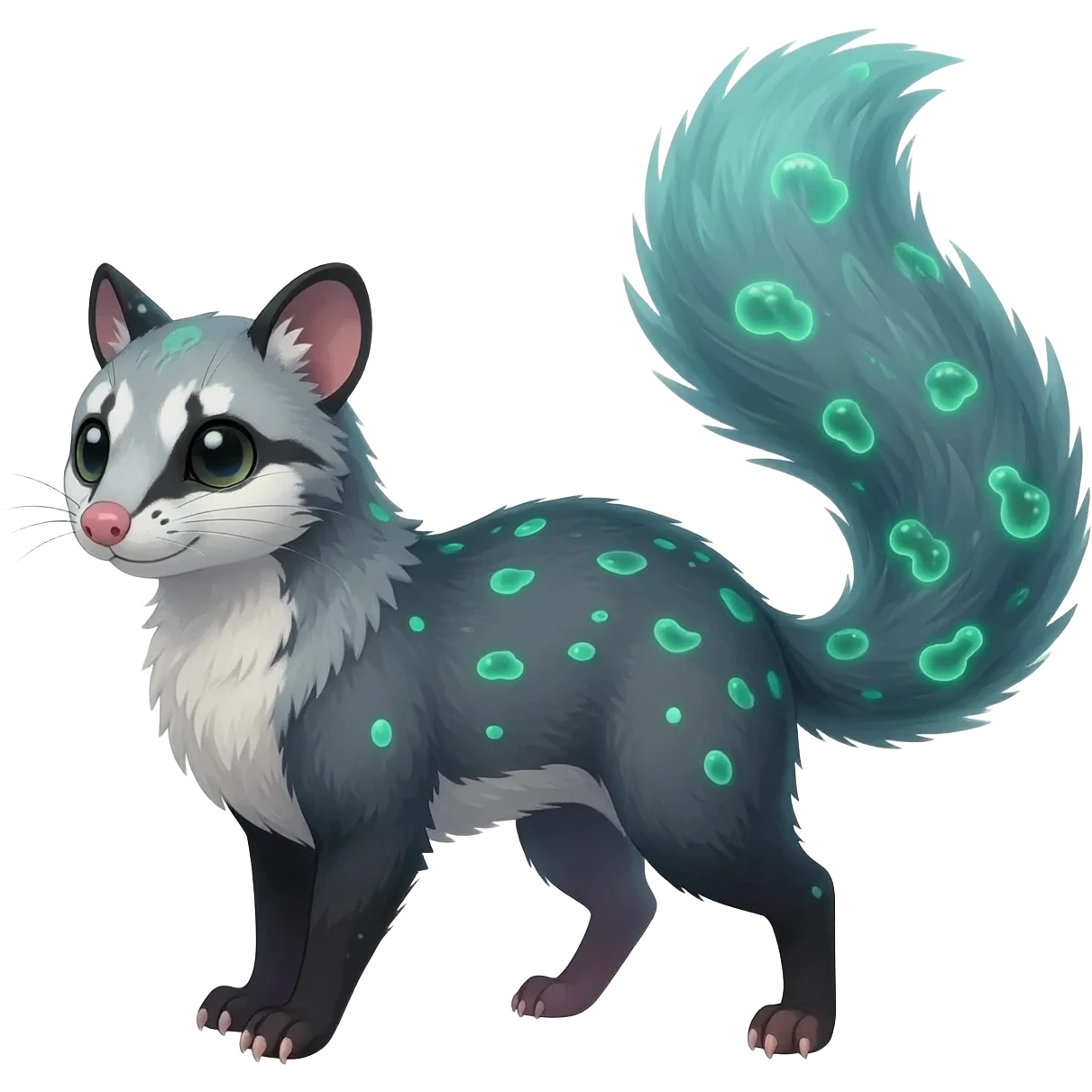 Hyper realistic  deep-ocean fur seeded with bioluminescent plankton speckles beautiful elegant pretty precious cute  Fakémon-Pokémon-opossum-feline-serval-caracal-chinchilla-Furret-Minccino-hybrid-creature with a big fluffy bushy tail (full body) emoji
