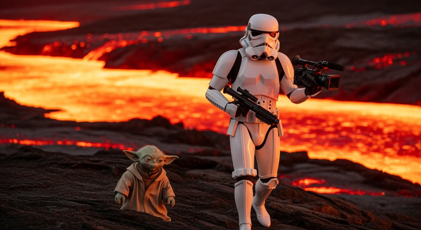 Cinematic still, Starwars stormtroopers vlogging holding camera, he is walking on lava planet with yoda emoji