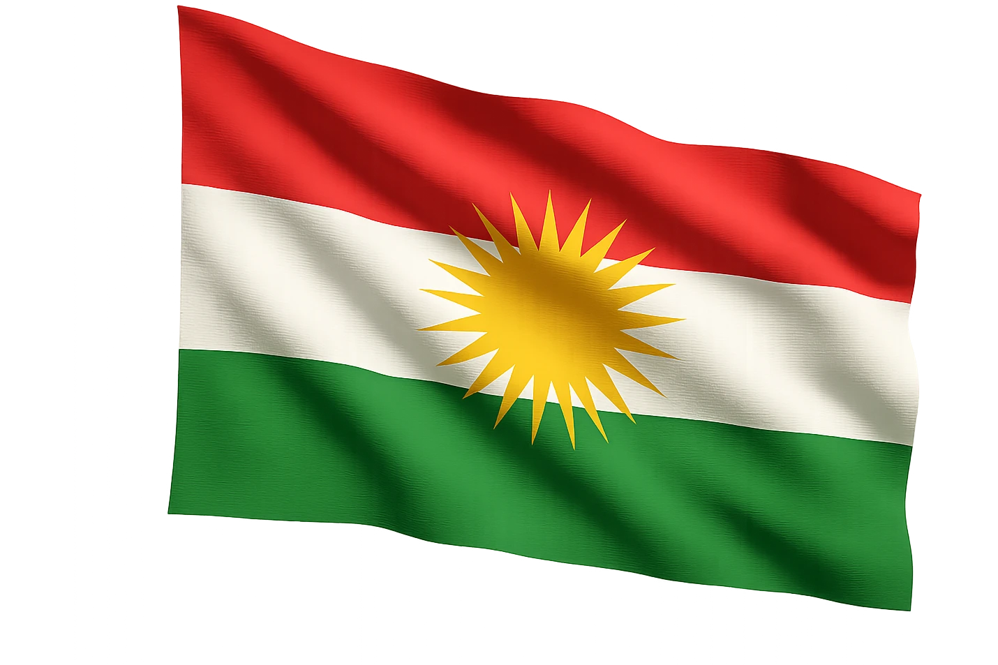 Kurdistan flag, waving effect, red, white, green horizontal stripes, yellow sun emblem in the middle, no text emoji