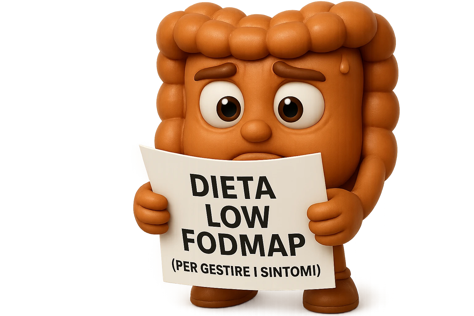 EMOJI STILE IPHONE DI UN INTESTINO UMANO ANATOMICO CHE GUARDA UN FOGLIO CON LA SCRITTA "DIETA LOW FODMAP (PER GESTIRE I SINTOMI)", FAGLI ANCHE LA PARTE BIANCA DEGLI OCCHI, NON SOLO LE PUPILLE, IPERREALISTICO 4K emoji