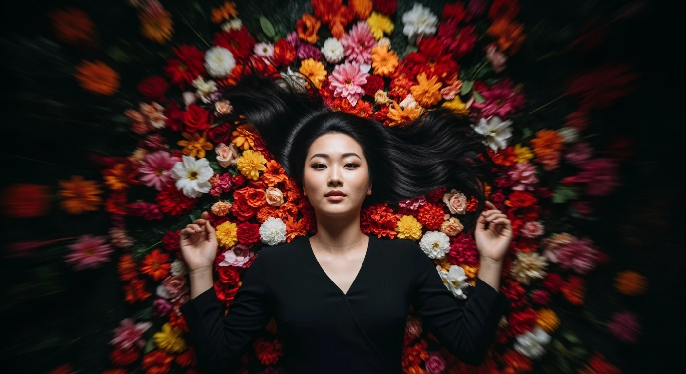 Camera drom top, Motion blur Extreme Closeup photo of a beautifull woman lay around beautifull colorfull flowers, cinematic light, 8K, very detailed, sharp, depth (foreground, midground, background) Spotlight, dark environemnt emoji