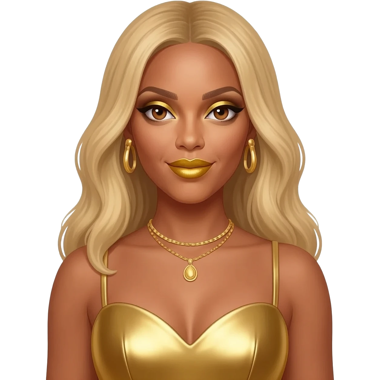 Beyonce with hazel brown eyes, long blonde hair, gold eyeshadow, gold lipstick, gold metallic sweetheart dress, gold necklace and earrings emoji
