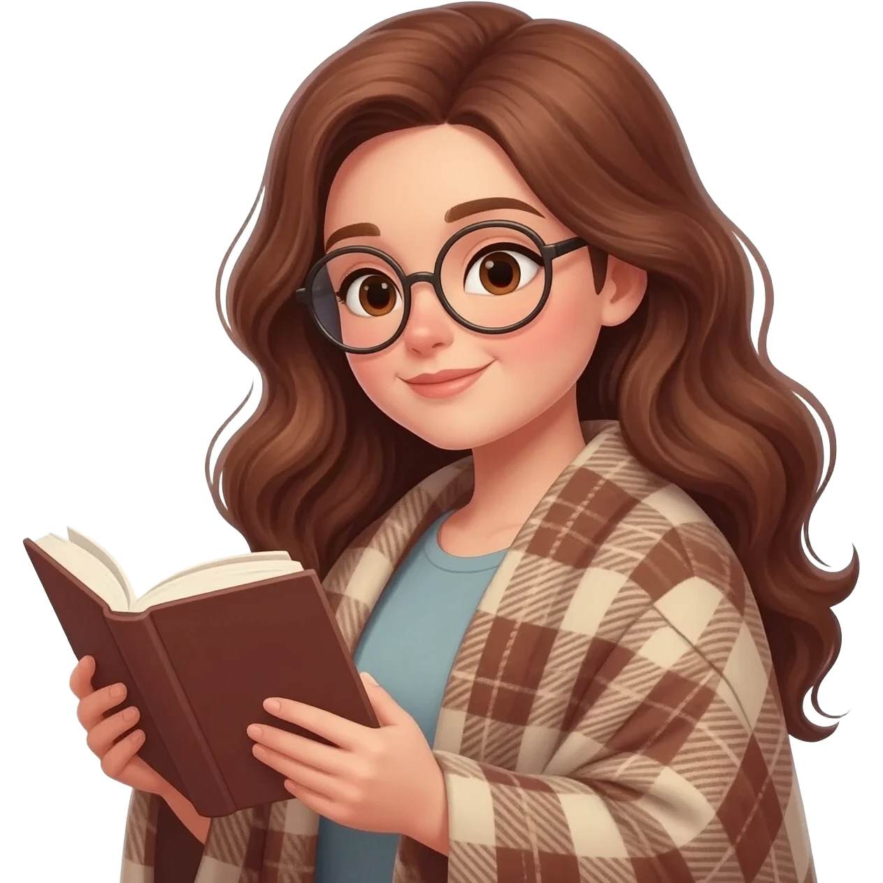 detailed emoji illustration of a curvy woman with long chestnut brown wavy hair, light brown eyes and round glasses, wrapped in a cozy plaid blanket and reading a book, calm peaceful expression, soft warm lighting, cute emoji style emoji