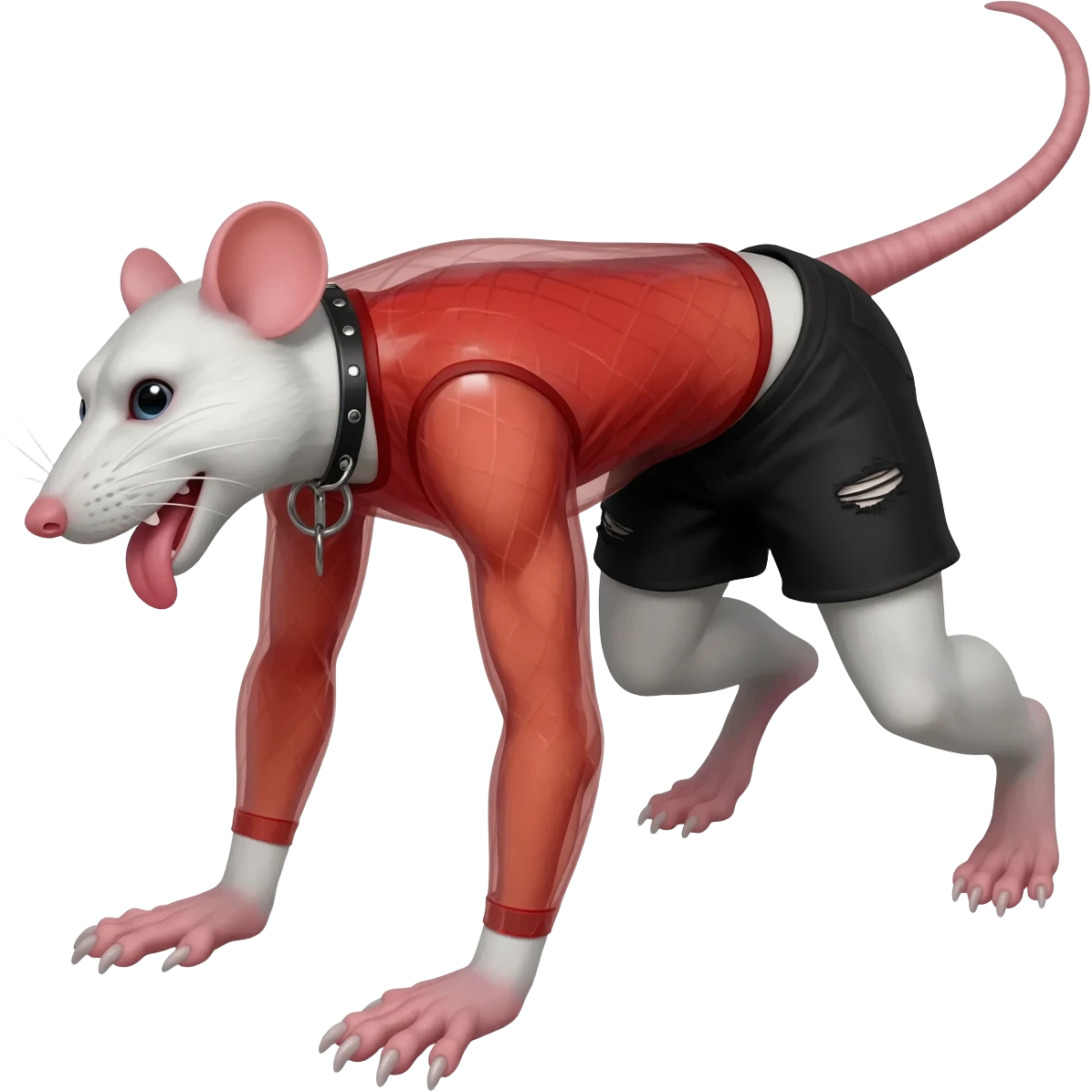 white slim guy with rat ears and rat tail in red transparent net top and black torn shorts is standing on the fours with his tongue out and wearing a leashed collar emoji