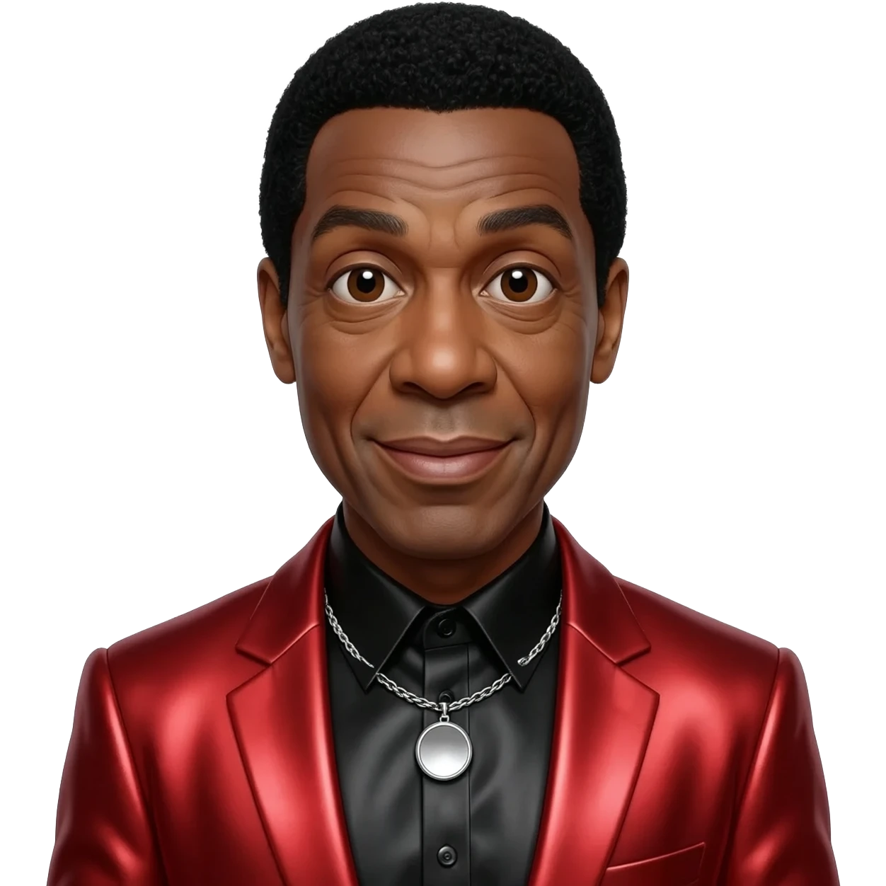 Richard Pryor with dark brown eyes, black hair, black metallic shirt, red metallic suit jacket, silver necklace emoji