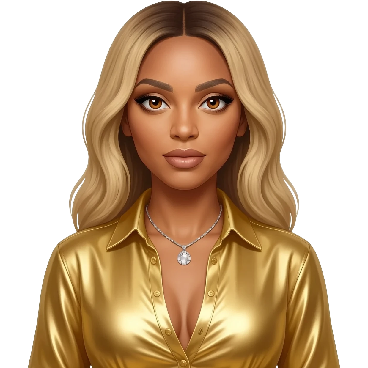 Beyonce with hazel eyes, long blonde hair, gold metallic sweetheart shirt, silver necklace emoji