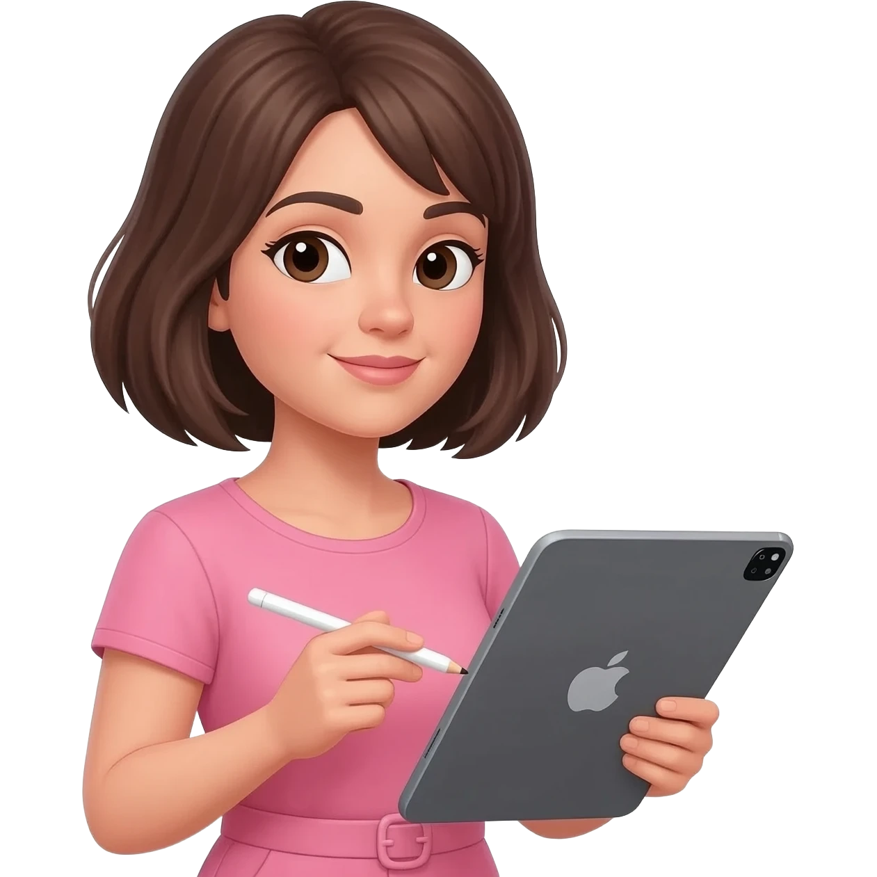 Brune aux cheveux court qui prend son temps tout doucement avec son grand iPad et un Apple Pencil. Vêtements rose emoji