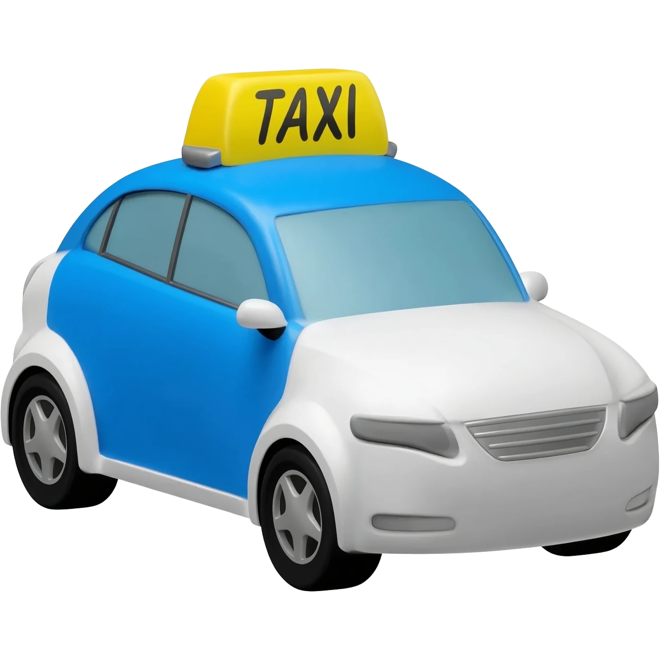 A small white  taxi car with a bright blue roof and blue side panels, yellow taxi sign on top,  modern sedan design, black tires, silver rims, front three-quarter view, soft shading, bright colors, . emoji