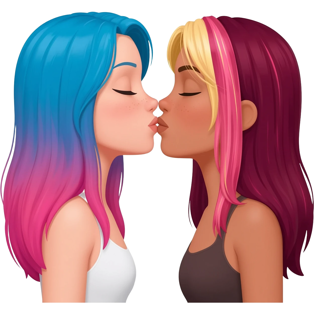 femme lesbians kissing, both pale white, one has long blue and pink hair, the other has long burgundy hair with streaks of blonde and pink at the front emoji