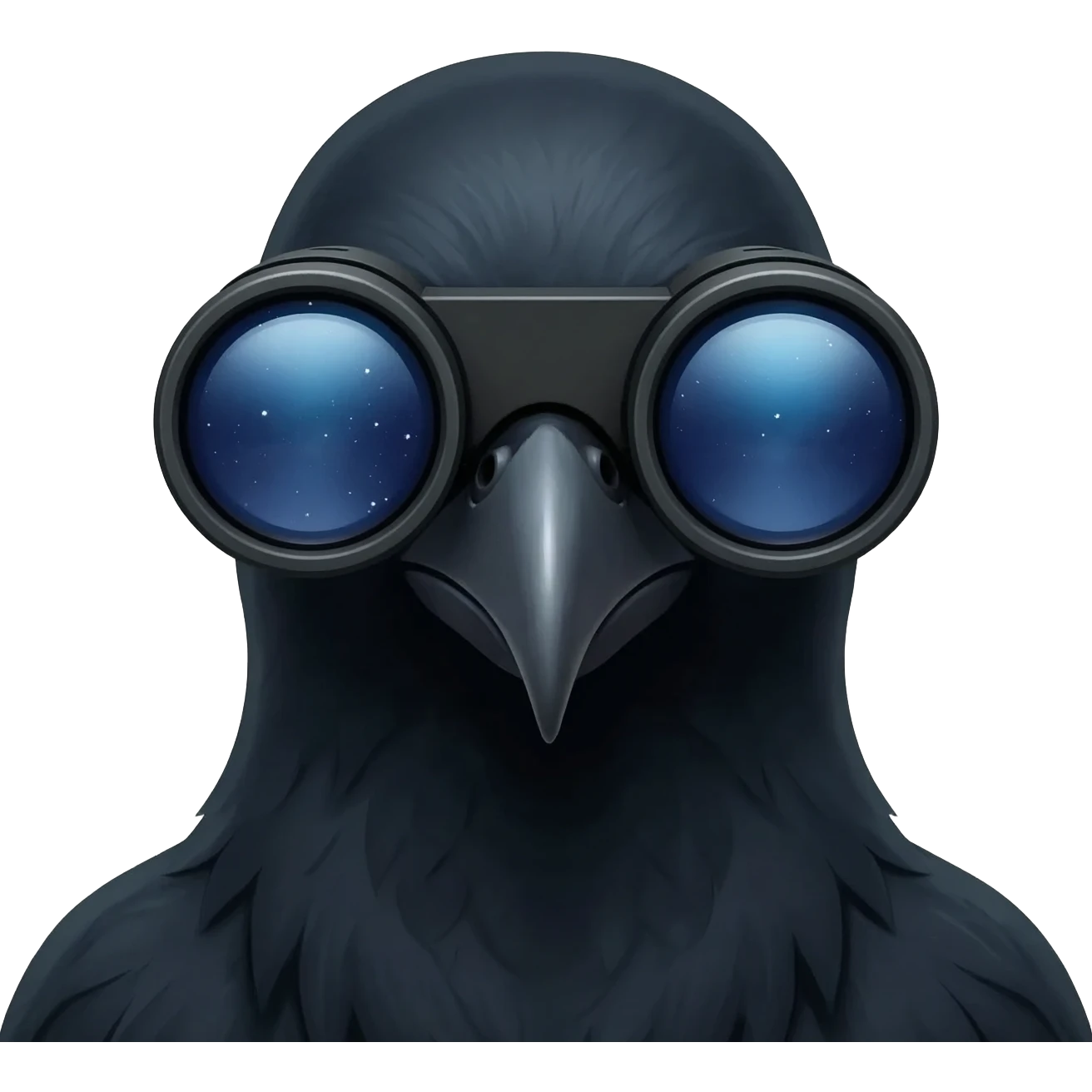 A raven from shoulders up, wearing dual tube night vision devices pvs-31 over their eyes emoji
