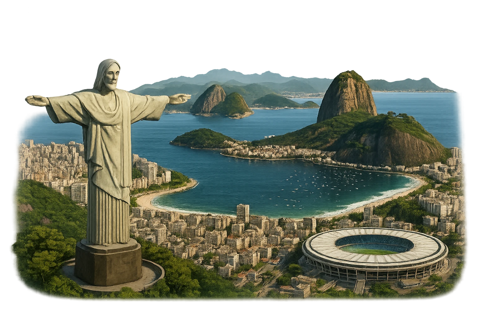 cinematic realistic emoji of Rio de Janeiro skyline featuring Christ the Redeemer, Sugarloaf Mountain, Copacabana Beach, Maracanã Stadium, lifelike detail, accurate colors, bright daytime lighting, wide city view, no sky, no clouds, transparent background emoji