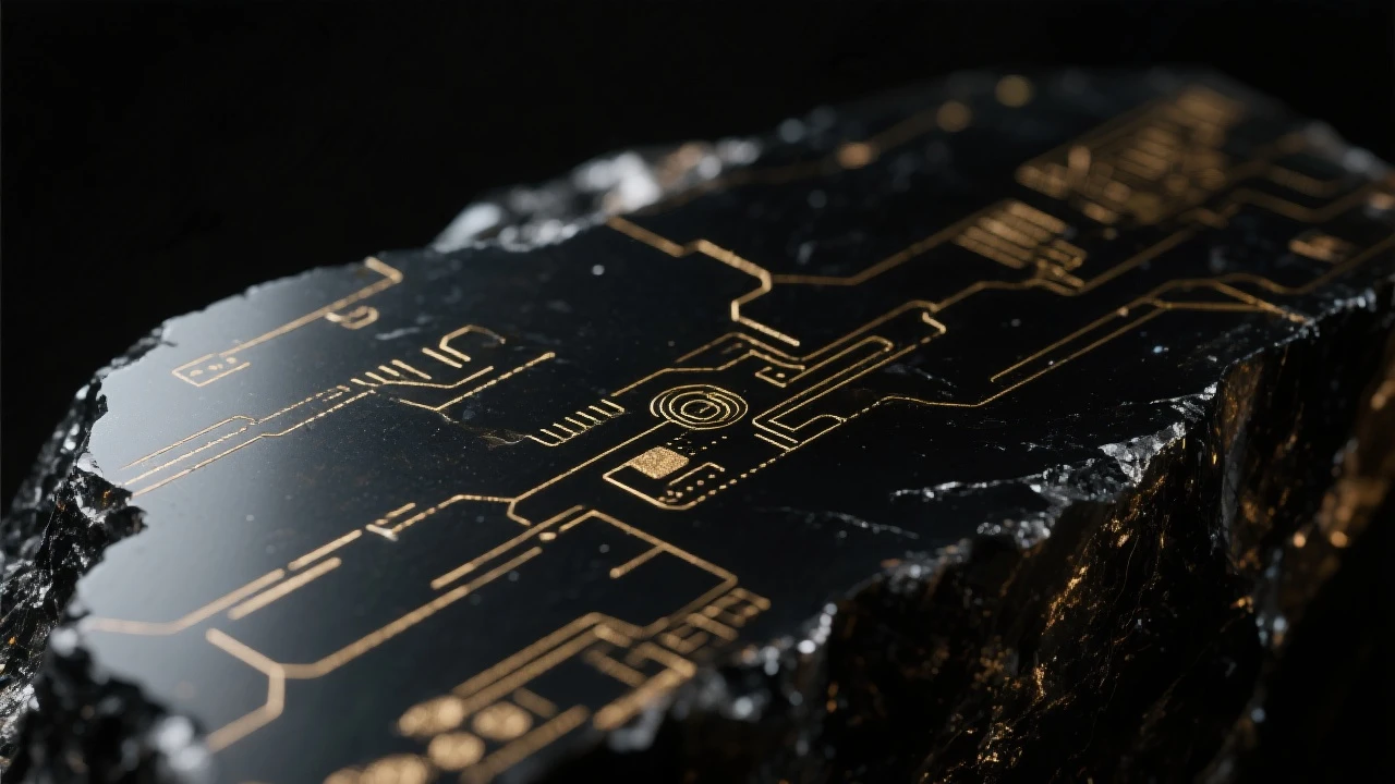 Closeup of black obsidian surface with subtle gold technology etchings in moody, dark lighting. emoji