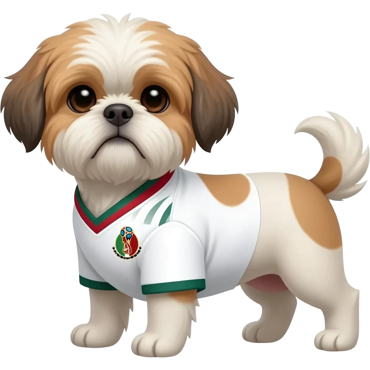 white and light brown shih zhu wearing a mexico soccer jersey v neck 2026 work cup emoji