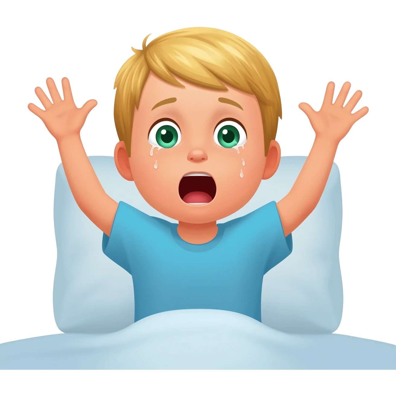 3 year old blonde boy with green-blueish eyes waking up from bed, raising both arms up and yawning. No tears emoji