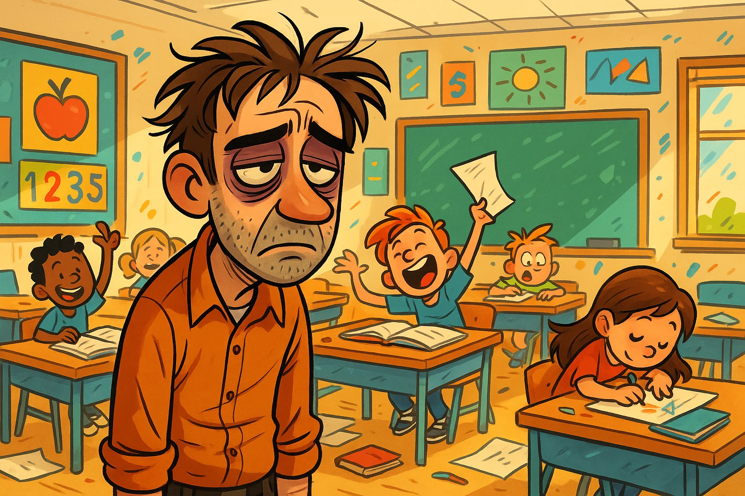digital cartoon art of a exhausted teacher in a bustling classroom emoji