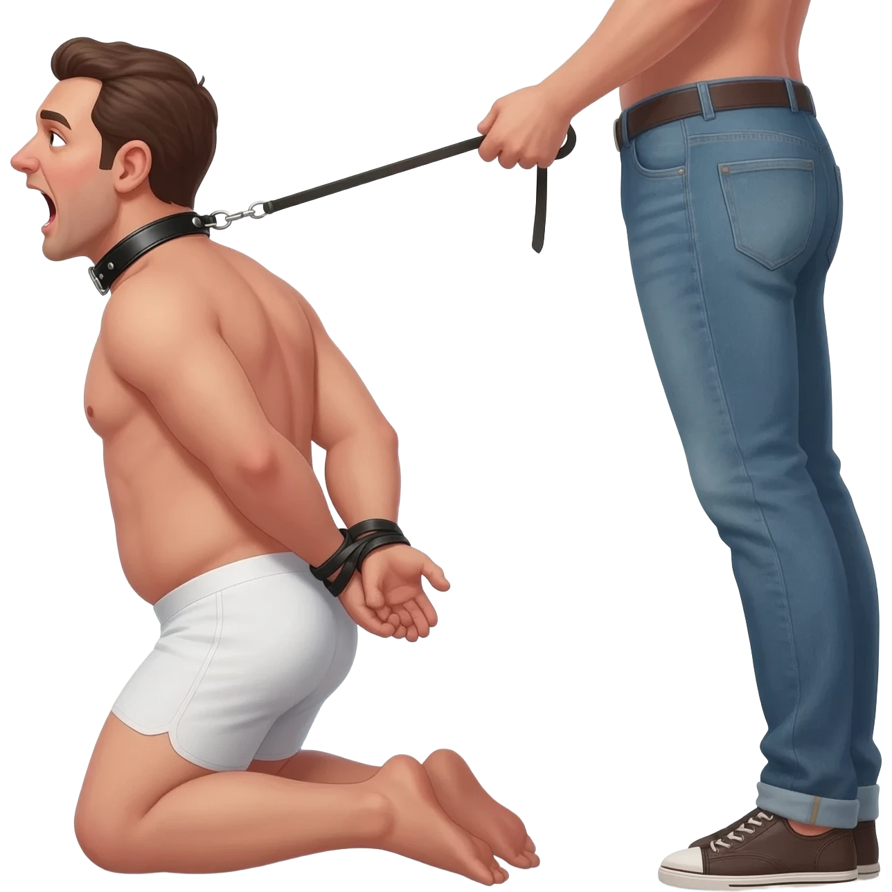 Forty year old stocky guy in white briefs on his knees with mouth wide open and a black leather collar around his neck and hands tied behind his back. a man stands behind him in jeans and only his legs visible and pulling on a leash attached to the collar emoji