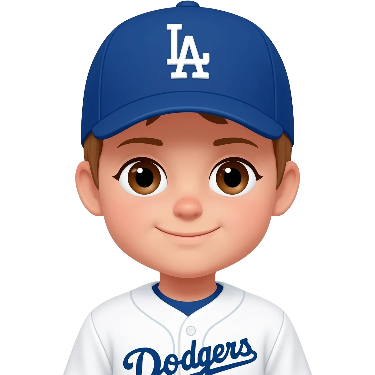 toddler boy in a white dodgers uniform with baseball cap with light brown hair and brown eyes emoji