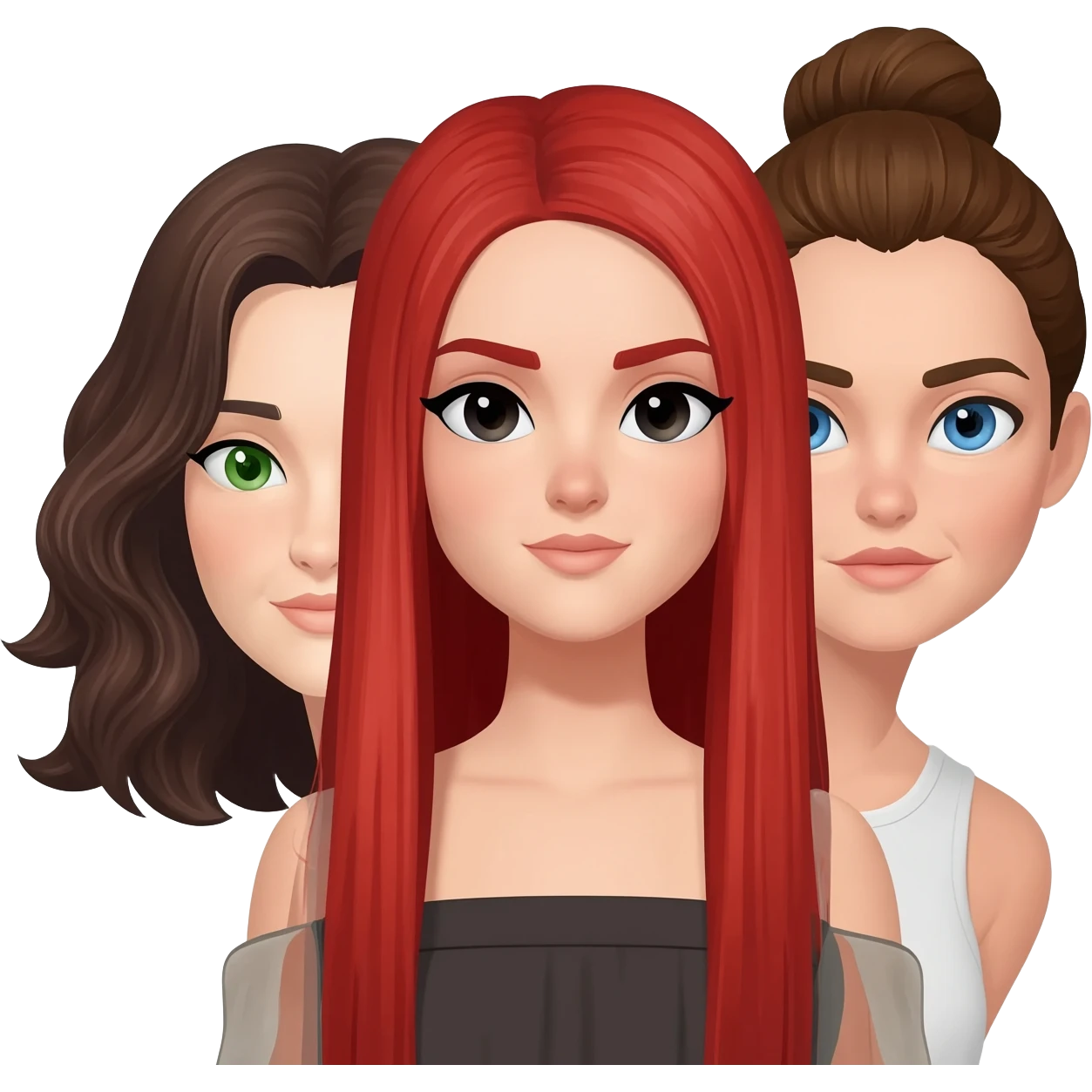 Emoji trouplr femme: à gauche: brune cheveux aux épaules, ondulés et châtain foncée, yeux verts. Au milieu rousse aux yeux noirs, cheveux longs et raides. À droite : châtain avec chignon et yeux bleus. Les trois sont de couleur de peau blanche. emoji