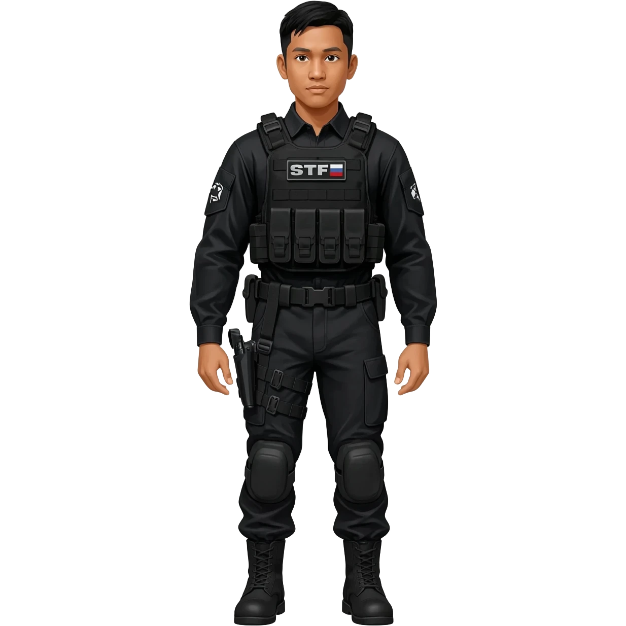 Filipino man STF SPECIAL TACTICS FORCE OUTFIT BLACK FATIGUE AND COMBAT BOOTS PLATE CARRIER AND HOLSTER emoji