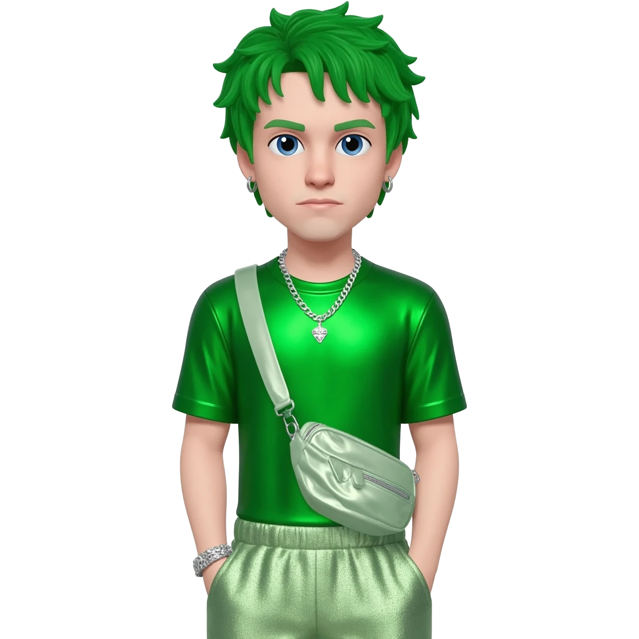 Jacksepticeye with blue eyes, green hair, green metallic t-shirt, light green metallic baggy pants, silver necklace emoji