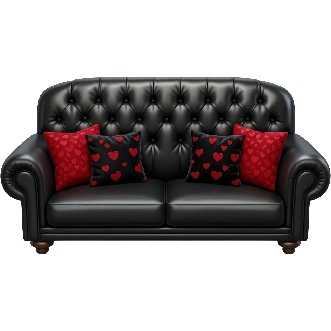 Hyperrealistic mirco-detailed, black leather Luxury couch, with black velvet and red hearts patterned decorative pillows, in a trending now style. Sill life, no emoji icons, no emoji faces, no human figures, 8k emoji