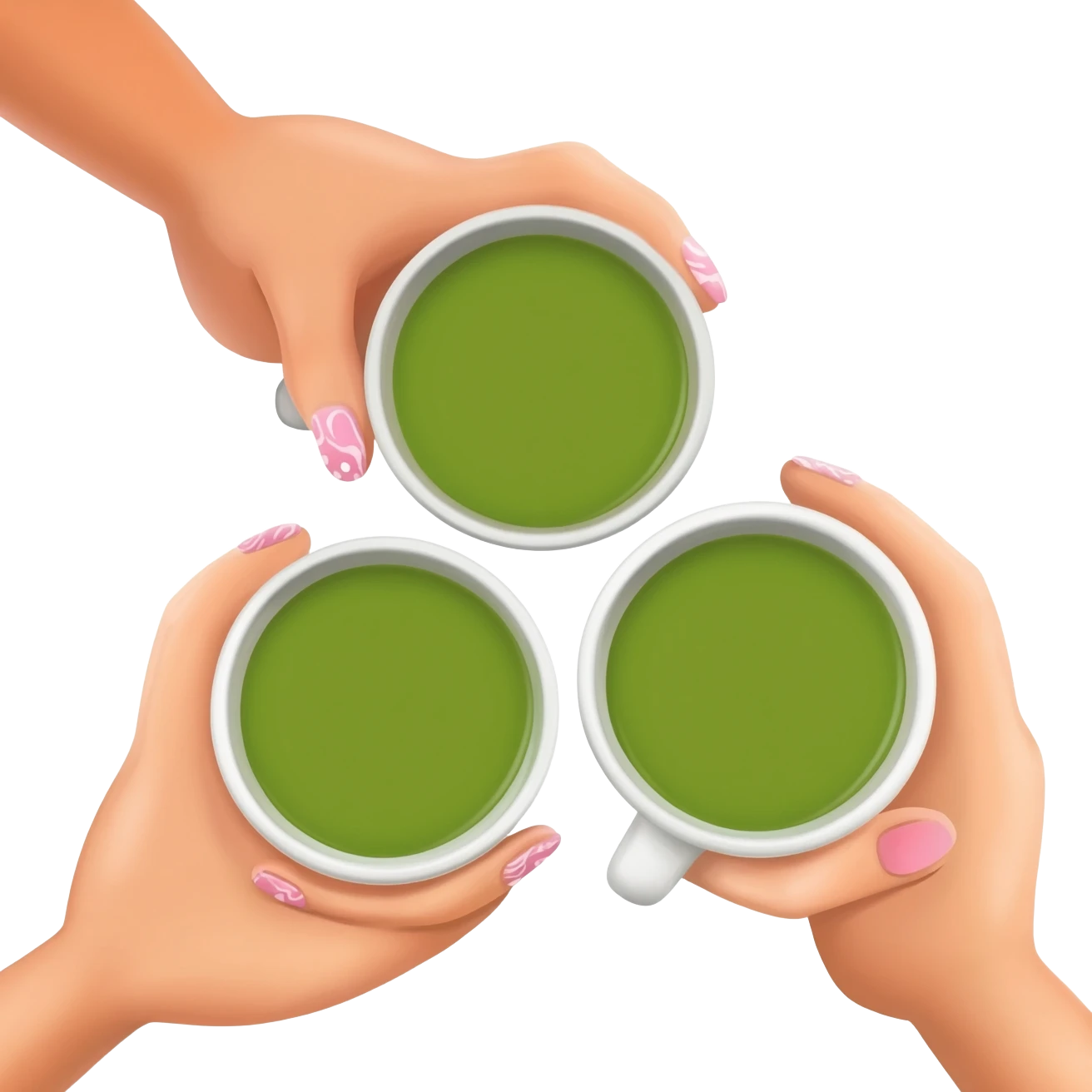 3 womens hands with nice nails holding matcha drinks together emoji