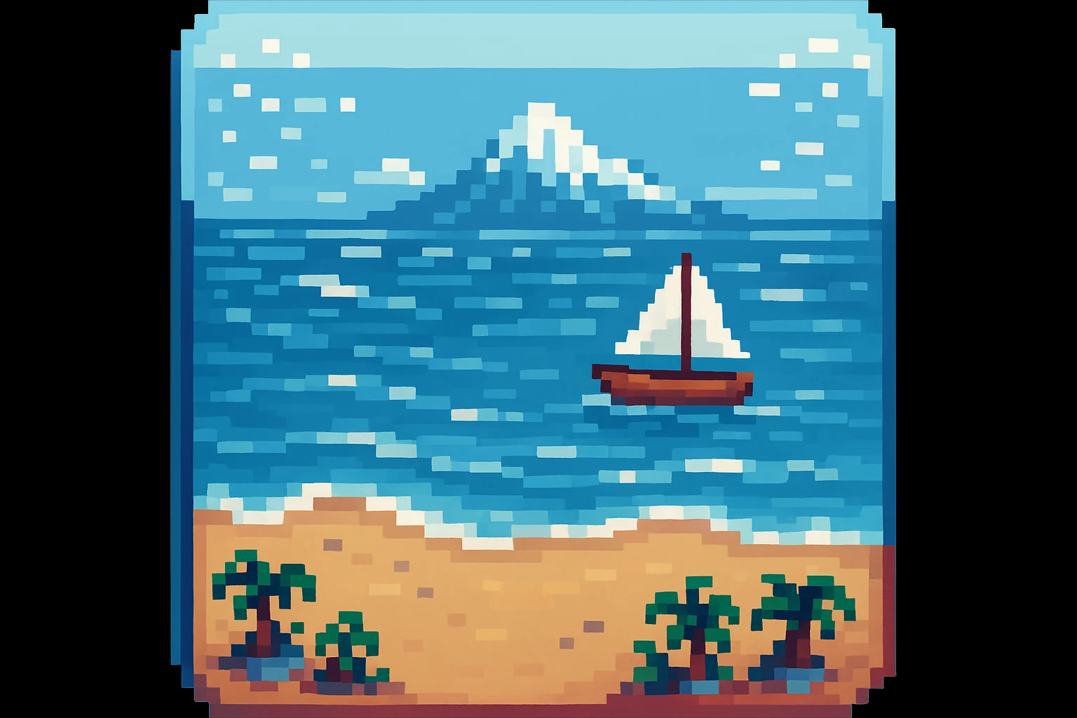 A sea in blue pastel colors, pixel art style, add a boat emoji