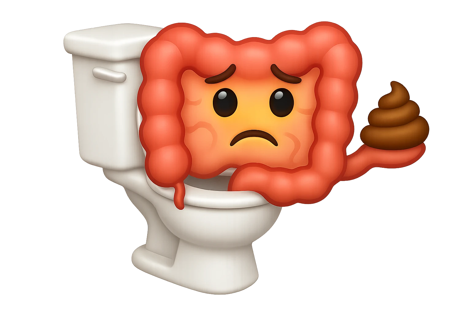 emoji stile iphone di un intestino che esce dal wc con in mano una montagnetta di feci con espressione triste a palline emoji