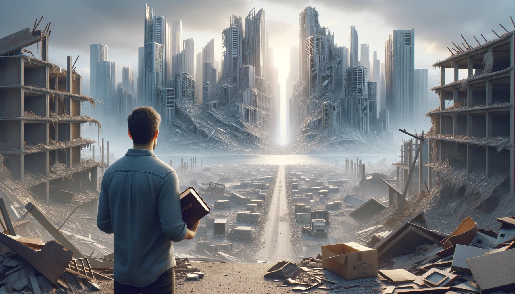 UOMO DI SPALLE DAVANTI AD UNA CITTà SMANTELLATA SENZA MURA CON UNA BIBBIA IN MANO, GUARDA LA CITTà, IPERREALISTICO 4K emoji