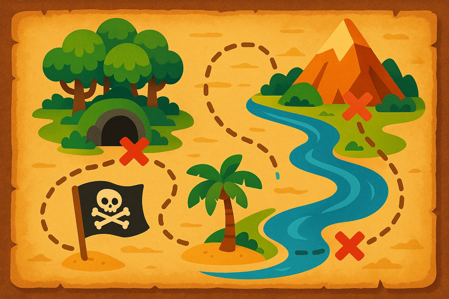 A fantasy treasure island map in Disney style, with a soft pirate theme, not scary, colorful and warm. The map shows 4 locations: a forest with trees, a dark cave, a tall mountain, and a river. Each location has an "X" mark. There are dotted paths leading to each "X". The map has an old parchment texture. No text labels, only clear visual icons. Beautiful detailed illustration, high quality, vibrant toon style. emoji