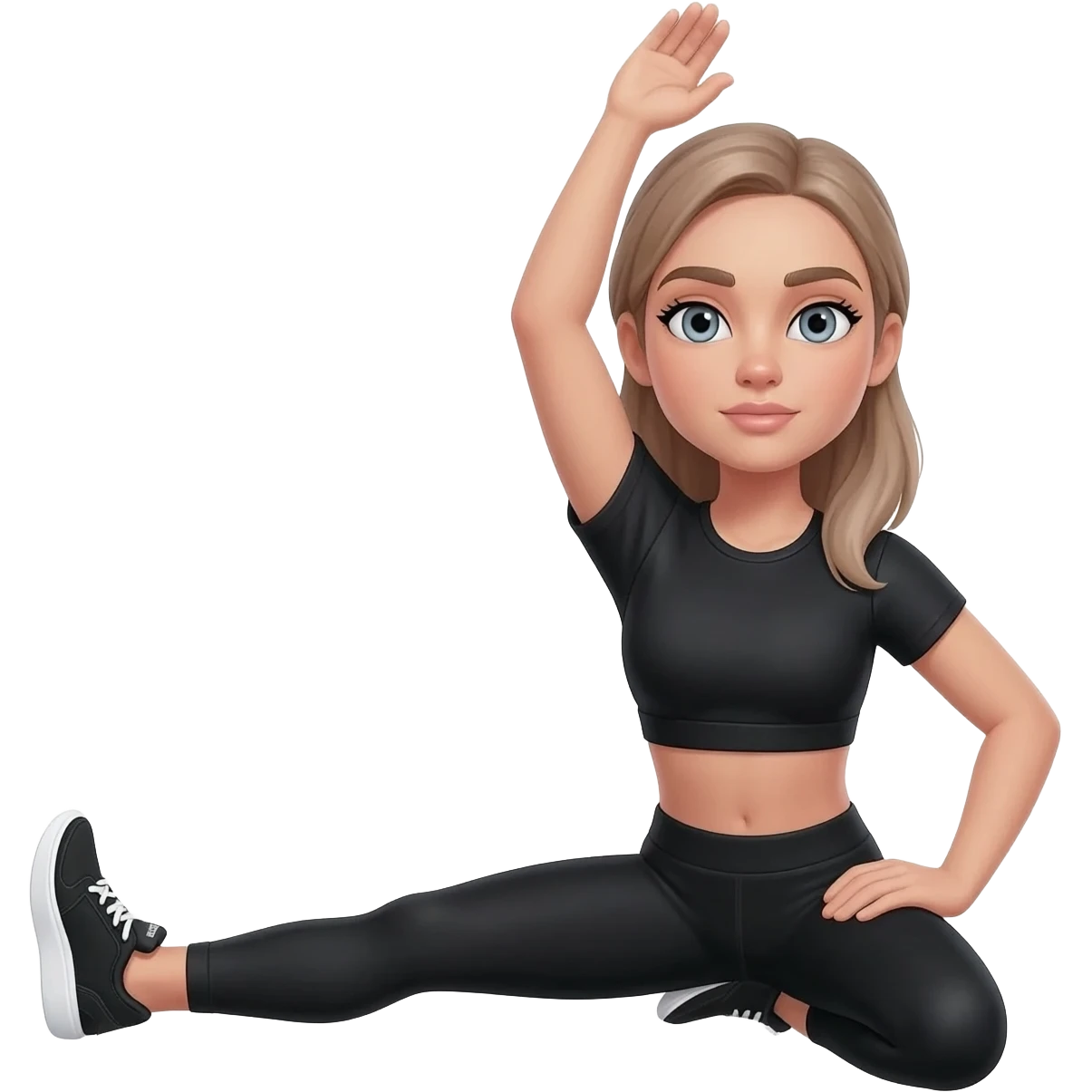 standing quad stretch holding one foot, fair-skinned woman, gray-blue eyes, ash brown brows, ash light brown hair tied back, slim athletic body, black workout set, black sneakers with white soles emoji