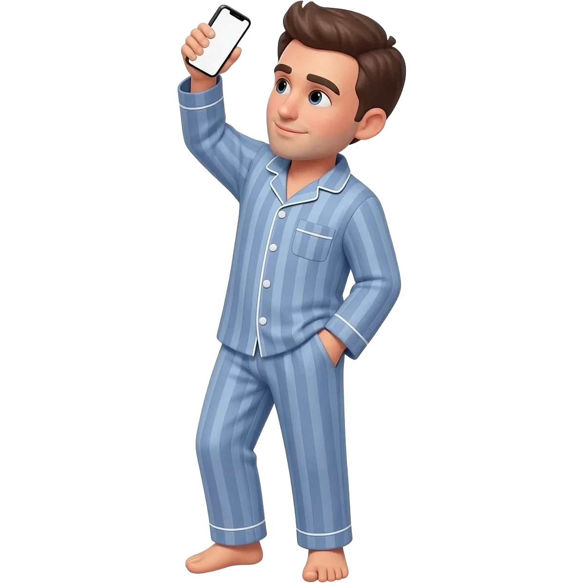 guy in pajamas standing holding up his phone up high and in front of him to show the camera his entire body. have him at a slight angle and looking at the phone. holding the phone vertically. holding it as  high up as he can and angled dwon to point at him emoji