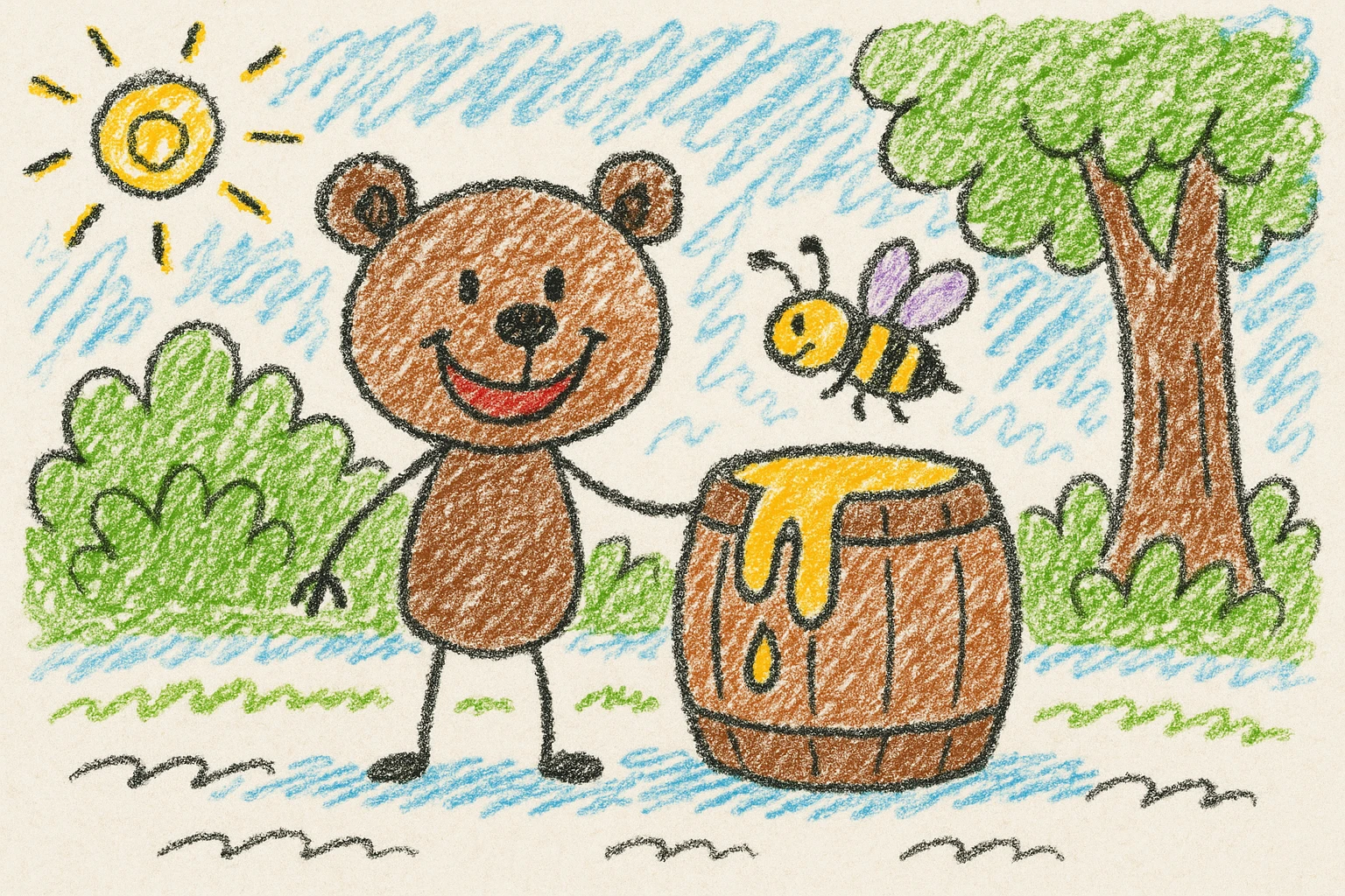 cheerful cartoon scene of a smiling brown bear standing beside a wooden honey barrel with honey dripping out, bright forest with green bushes, large tree, blue sky, a bee flying near the barrel, bold outlined playful style, suitable for children's illustration emoji