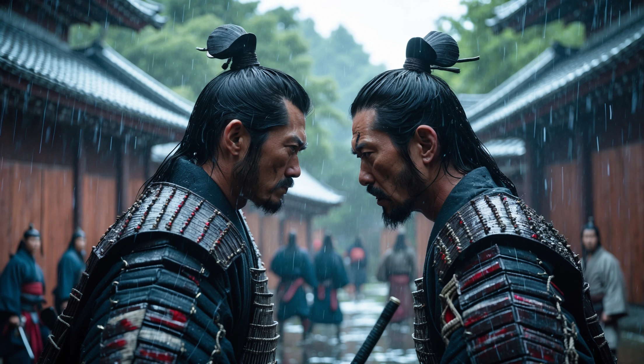 A cinematic scane from 1185, Long shot of a two japan samurai face to face ready to fight during rain, deph composition, tense atmosphere, captured by by arri alexa, film directed by wes anderson emoji