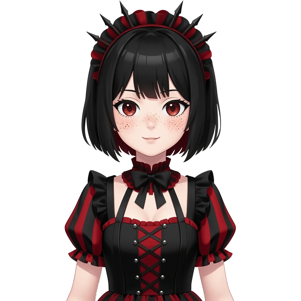Gothic anime lady with short black hair, black and red Lolita dress, freckles, makeup emoji