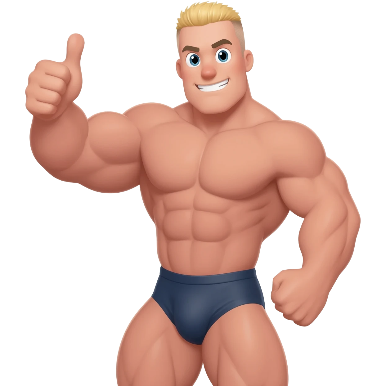 Musclebound, mighty mouse with a blonde crew, cut hair cut, giving a thumbs up with a smirk on his face, with a very, very noticeable bulge where his penis is emoji