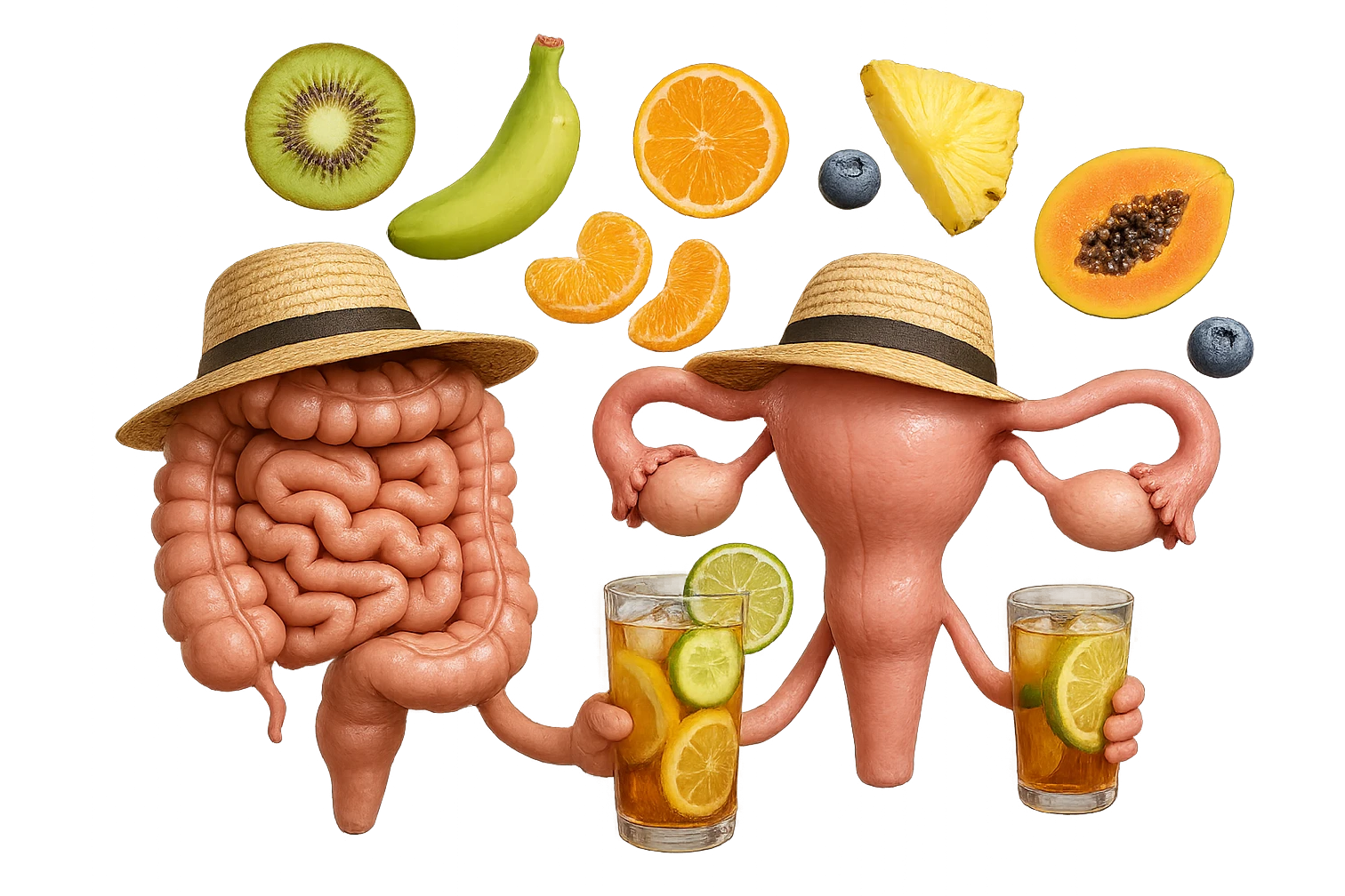 EMOJI STILE IPHONE DI INTESTINO E UTERO UMANI REALISTICI CON CAPPELLO DI PAGLIA DA SPIAGGIA CHE BEVE UN Tè FREDDO IN BICCHIERE DI VETRO CON DENTRO  fette di cetriolo, limone, lime, DIETRO L'INTESTINO FLUTTUANO PEZZETTI DI Kiwi
Banana acerba
Arance e mandarini
Mirtilli
Ananas
Papaya
IPERREALISTICO 4K emoji