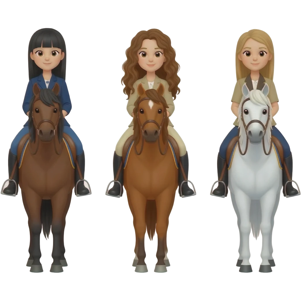 Three horses white bay and sorrel with three riders on the bay horse a girl with dark straight hair on the sorrel horse a girl with wavy brown hair and on the white horse a girl with sandy hair emoji
