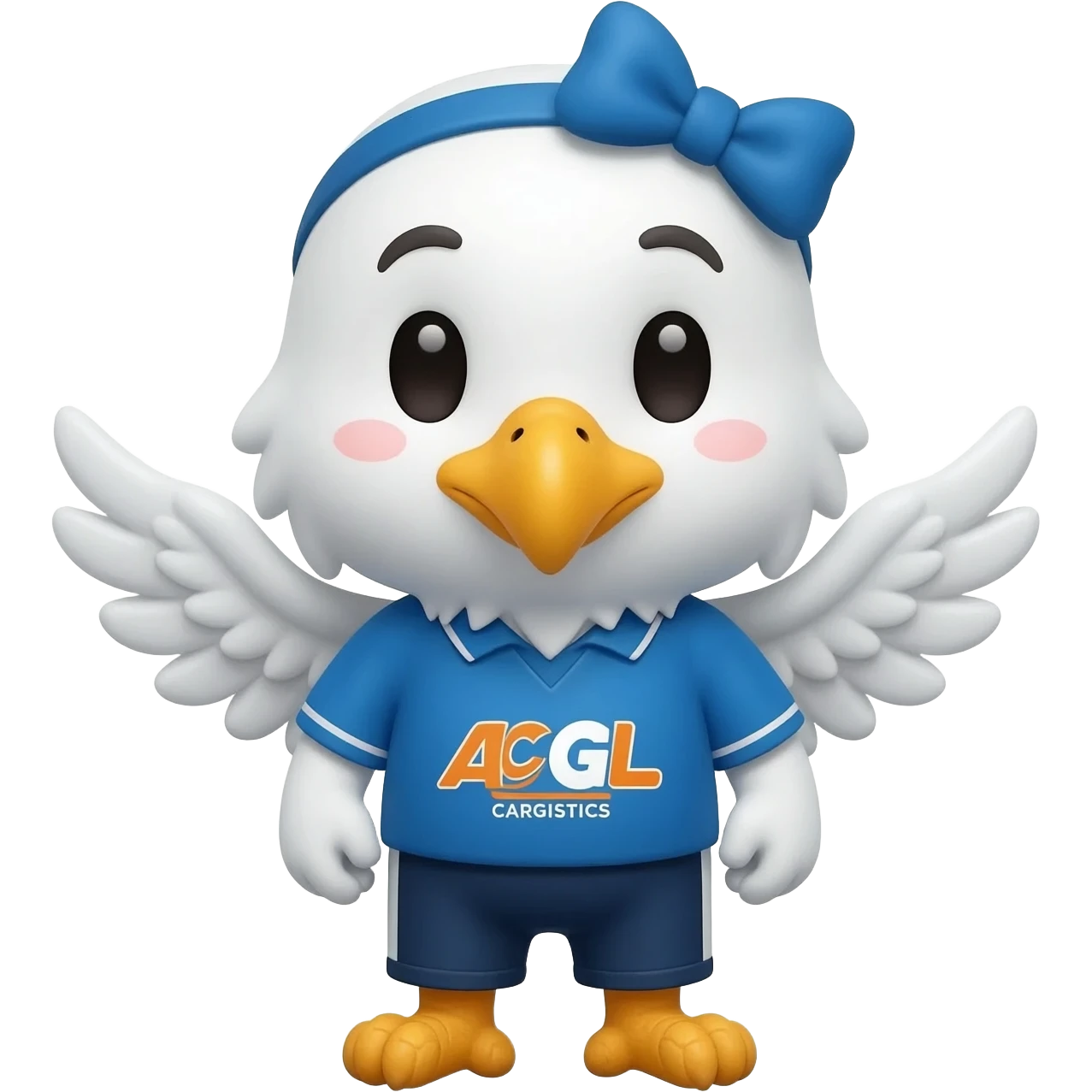 Cute delivery package mascot with small eagle wings bowing politely to say thank you, ACPL Cargo themed logistics emoji, blue and orange brand colors emoji