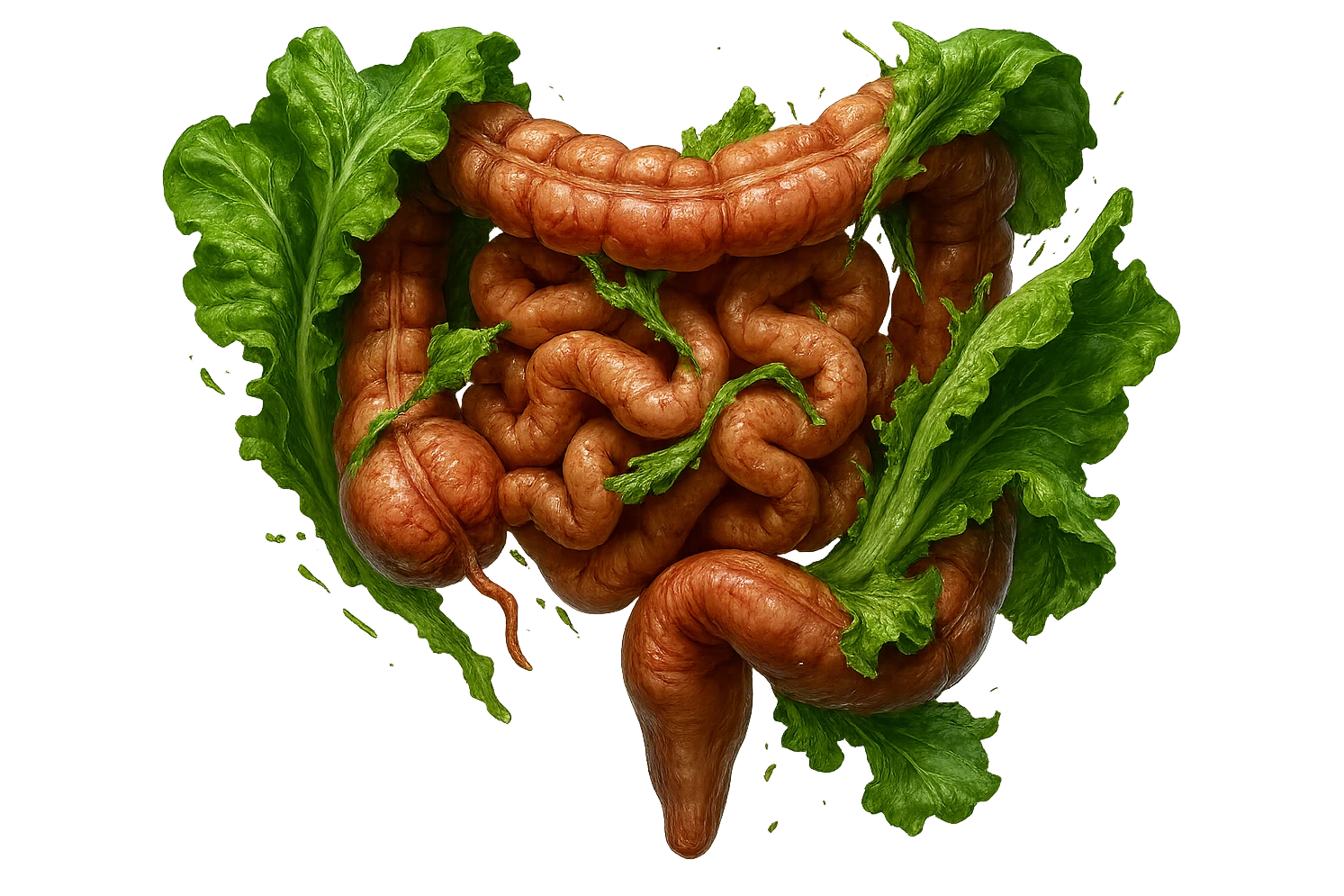 foglie di insalata che attaccano un intestino anatomico umano per distruggerlo, iperrealistico emoji