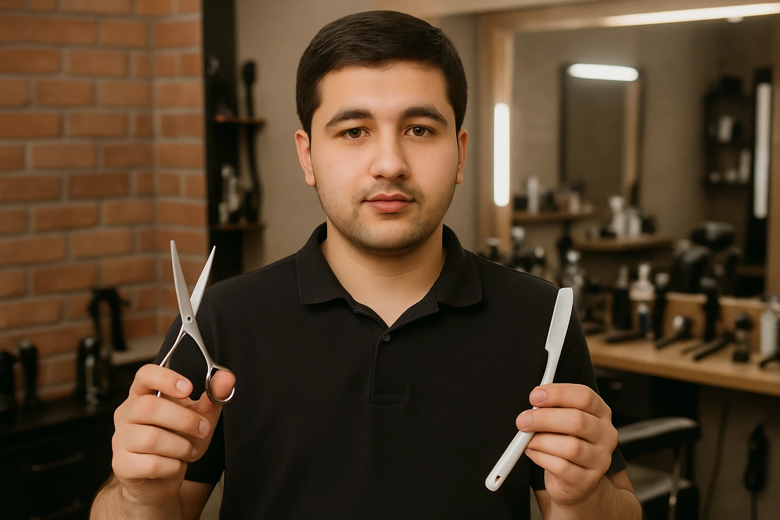 Shu odamni qo'lida satroshlik qaychisi va ustara bilan sartaroshxonada  turganini yasab ber o'smirin davrini yuzini semiz ham ozg'in ham qilib yuborma
 emoji