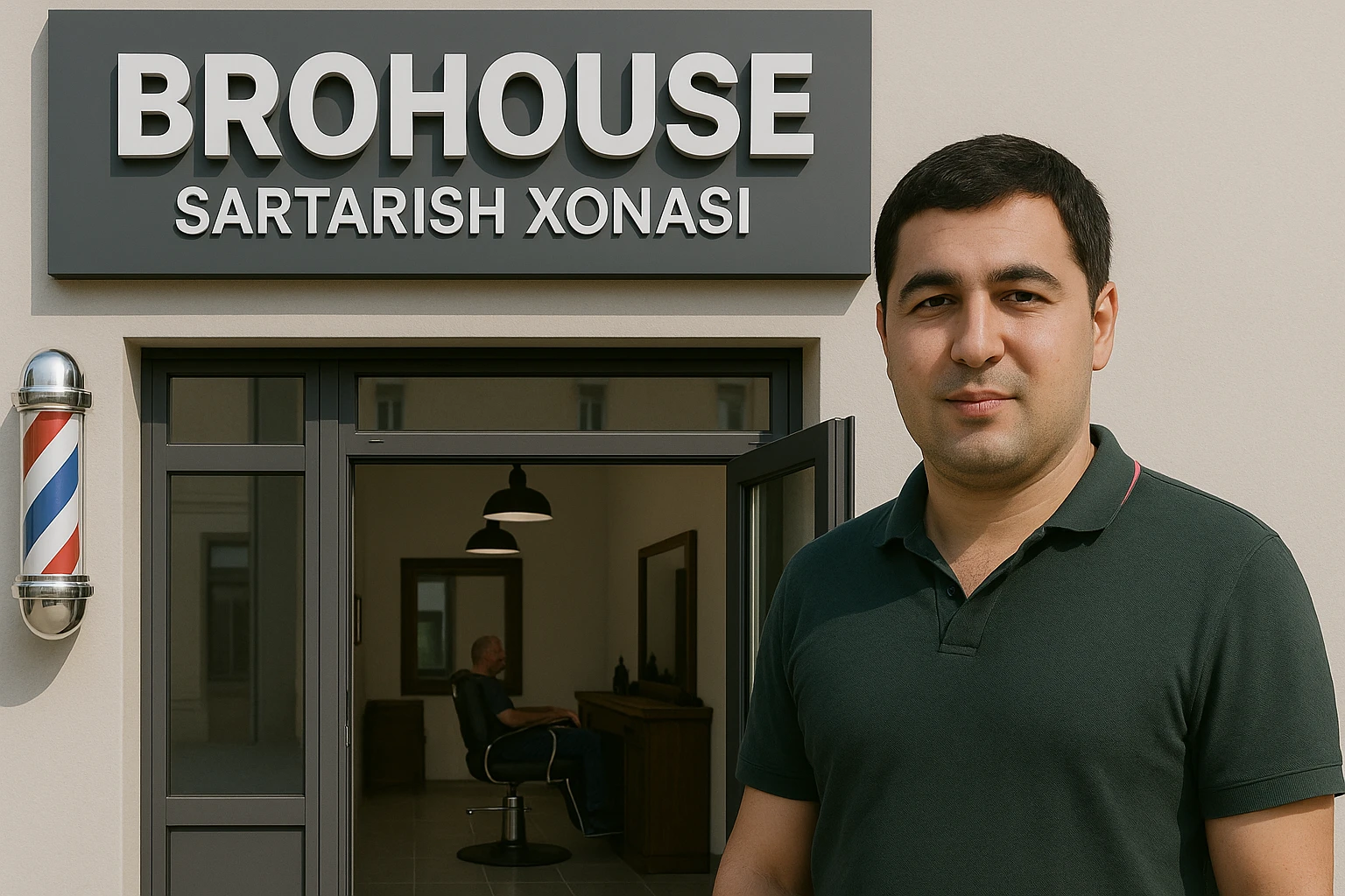 eni shu rasimga manashu odamga uxhshasin sartaosh eshik oldida tursin va tashqarida esa mijoz rasm esa 16 ga 9 bulsin 1920x1080 emoji